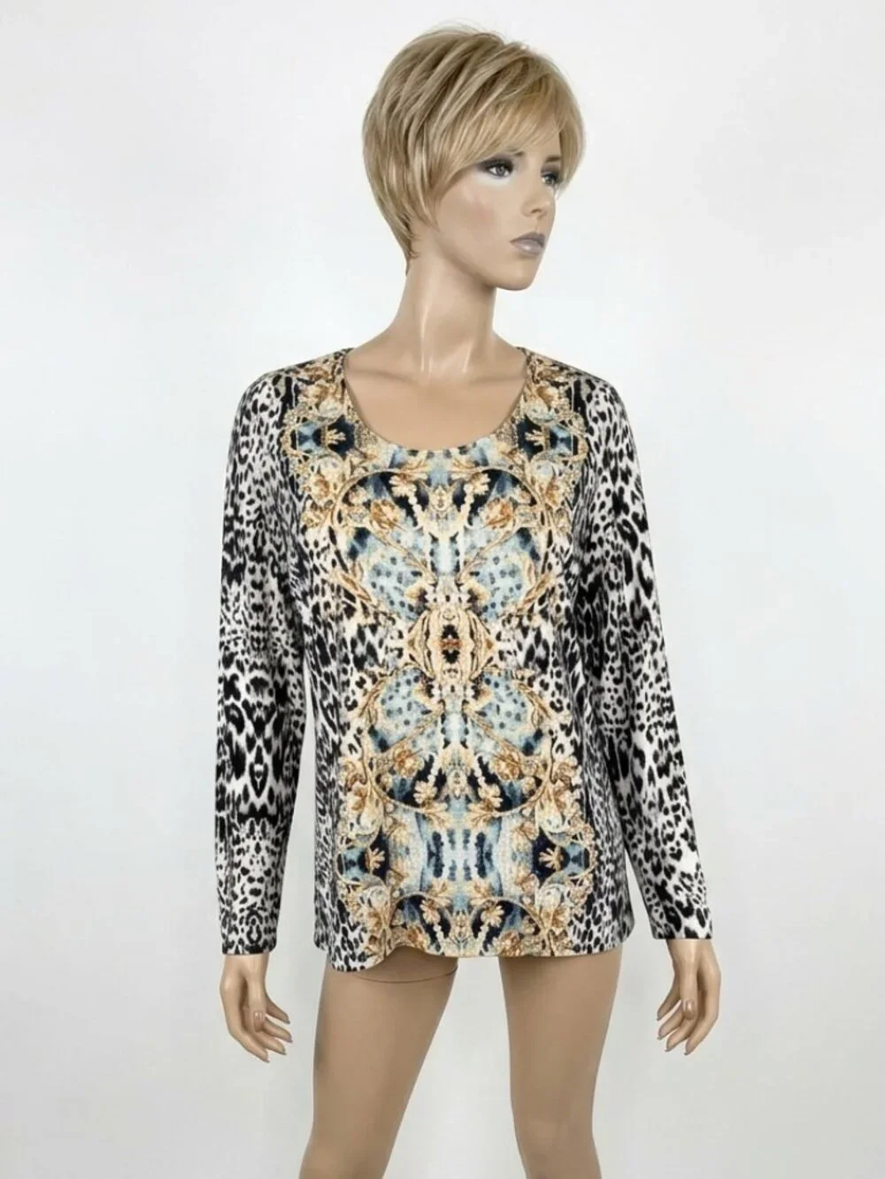 Chico’s Size 2/Large Blue & Gold Baroque Leopard Print Long Sleeve Tunic - Picture 2 of 4